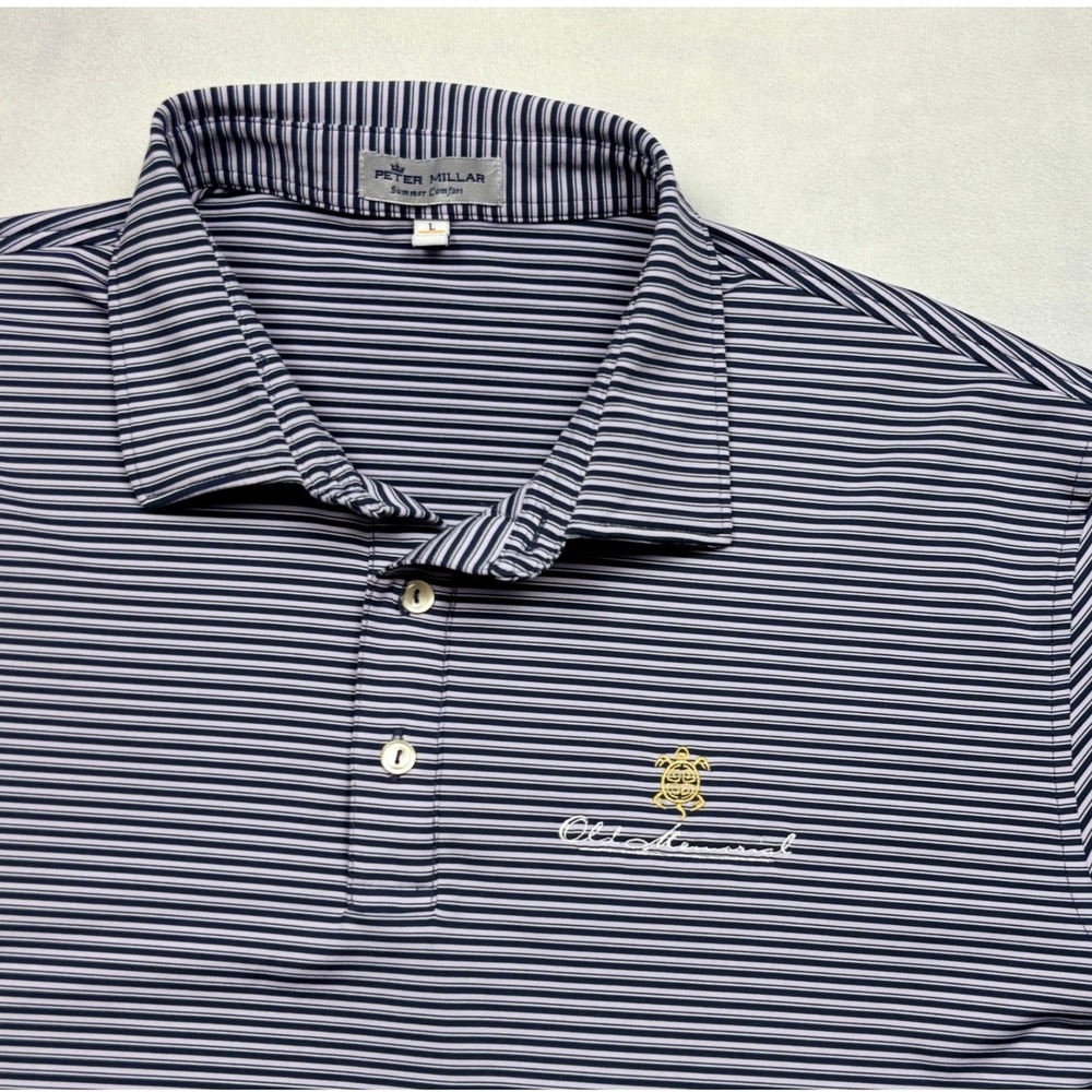 Peter Millar Polo Large Mens Navy White Striped Old Memorial Golf Club Turtle L